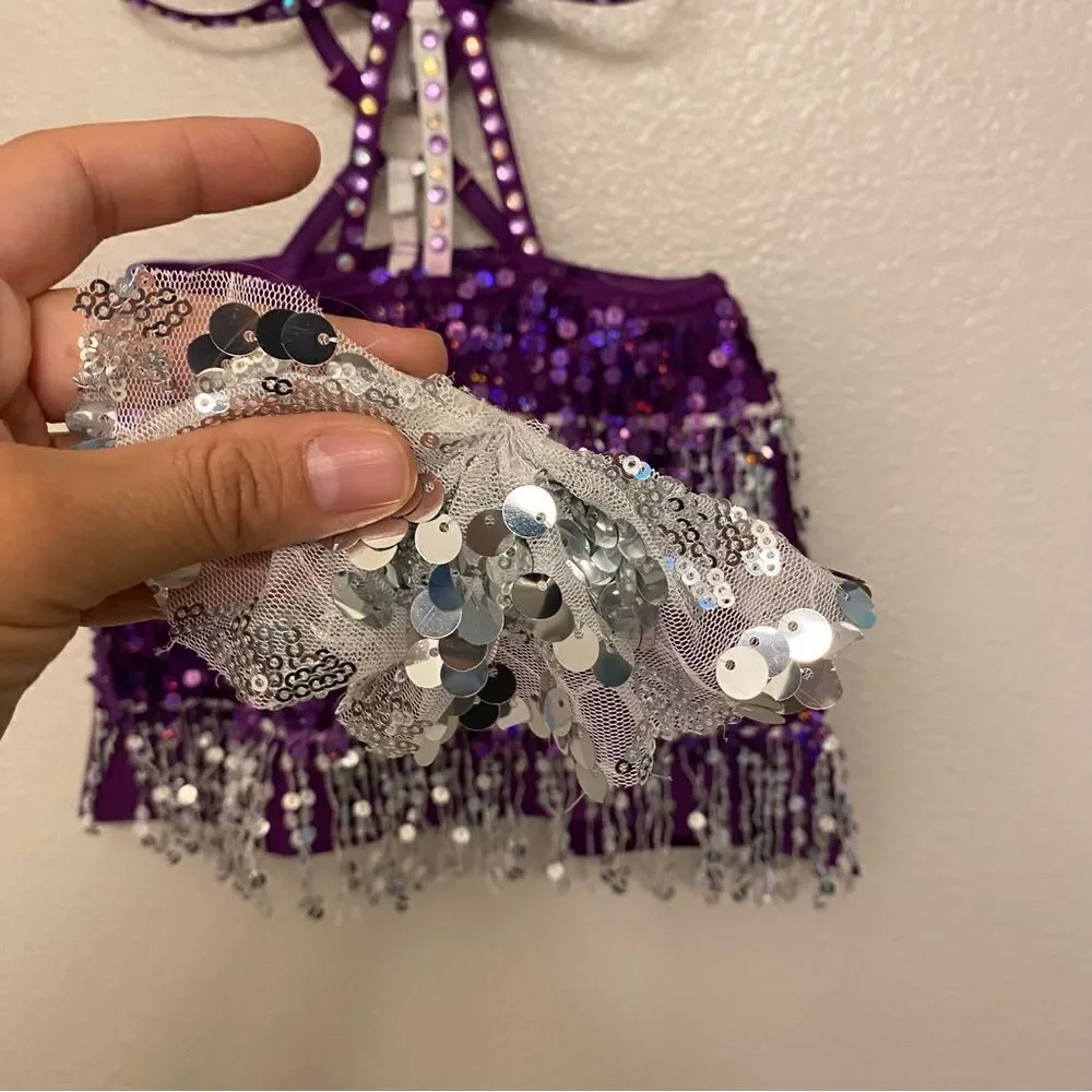 Glamour dance costume purple sequin gems rhinestone fringe embellished child M/L